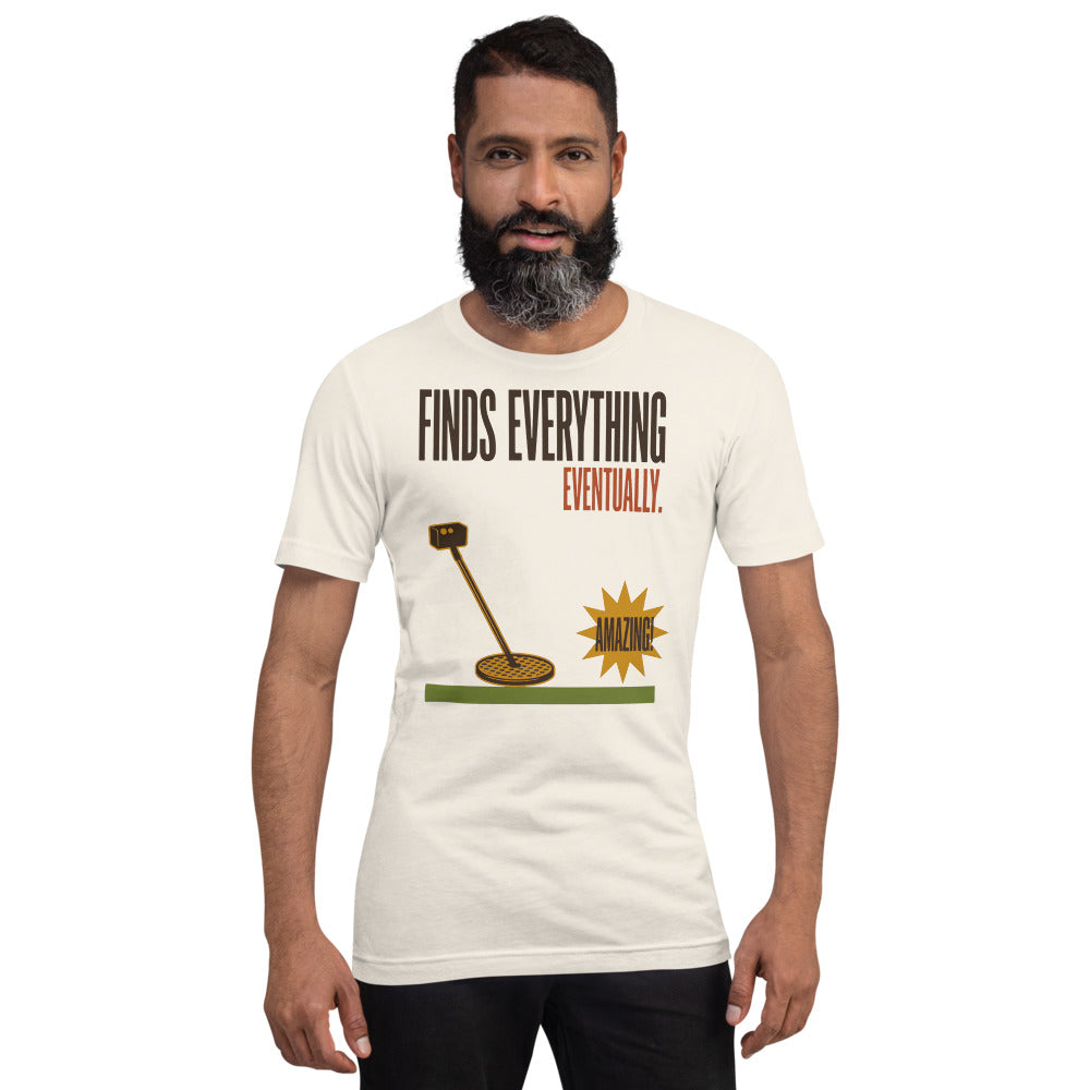 Finds Everything Eventually retro metal detecting tee — Vintage White, on model