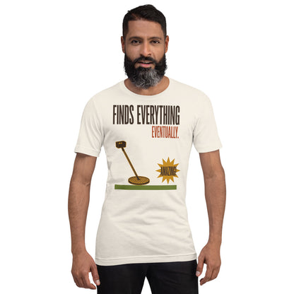 Finds Everything Eventually retro metal detecting tee — Vintage White, on model