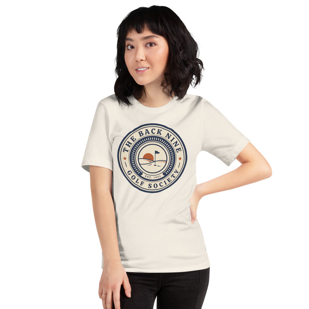 The Back Nine vintage golf roundel tee — Vintage White, on model