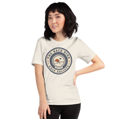 The Back Nine vintage golf roundel tee — Vintage White, on model