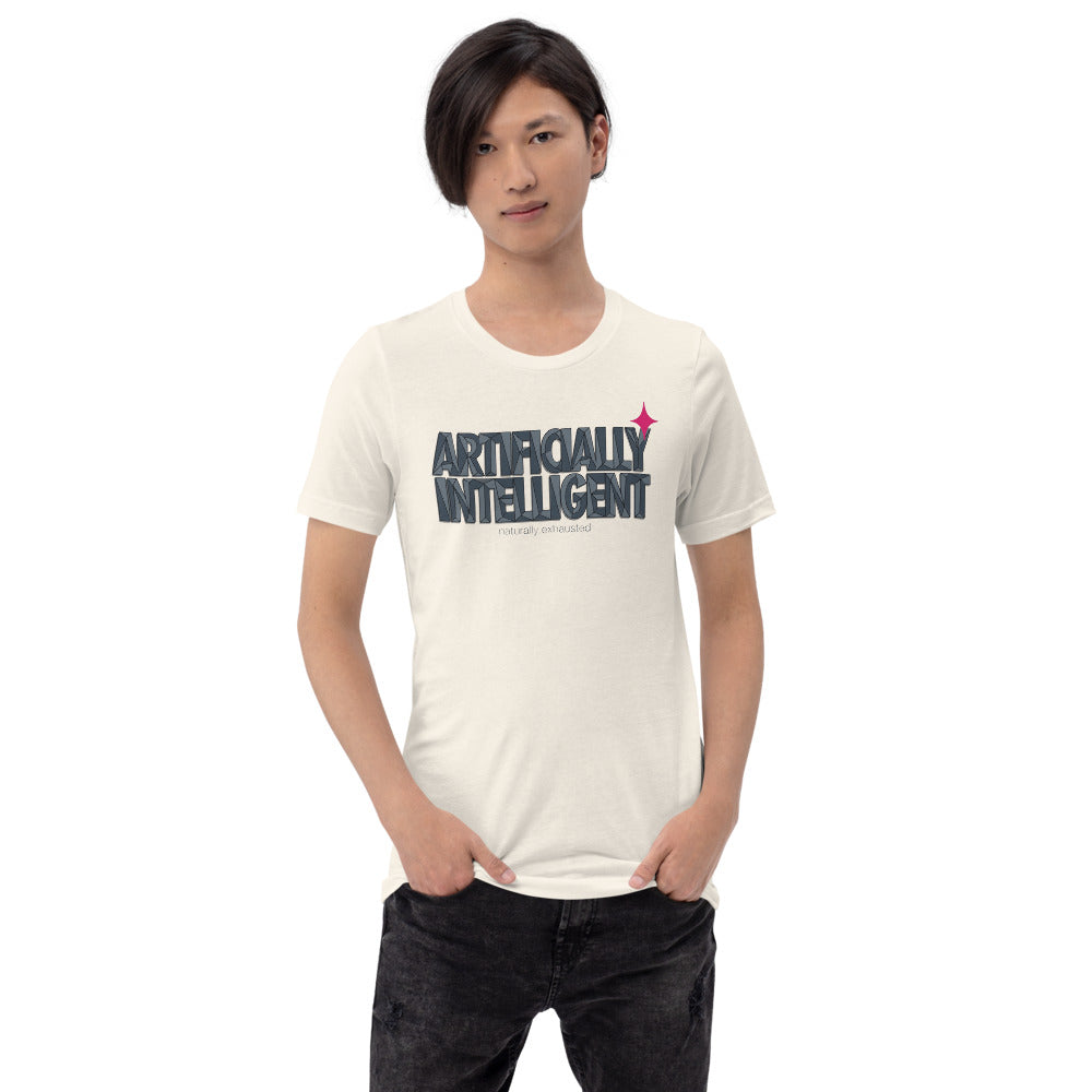 Artificially Intelligent funny AI t-shirt — Vintage White, on model