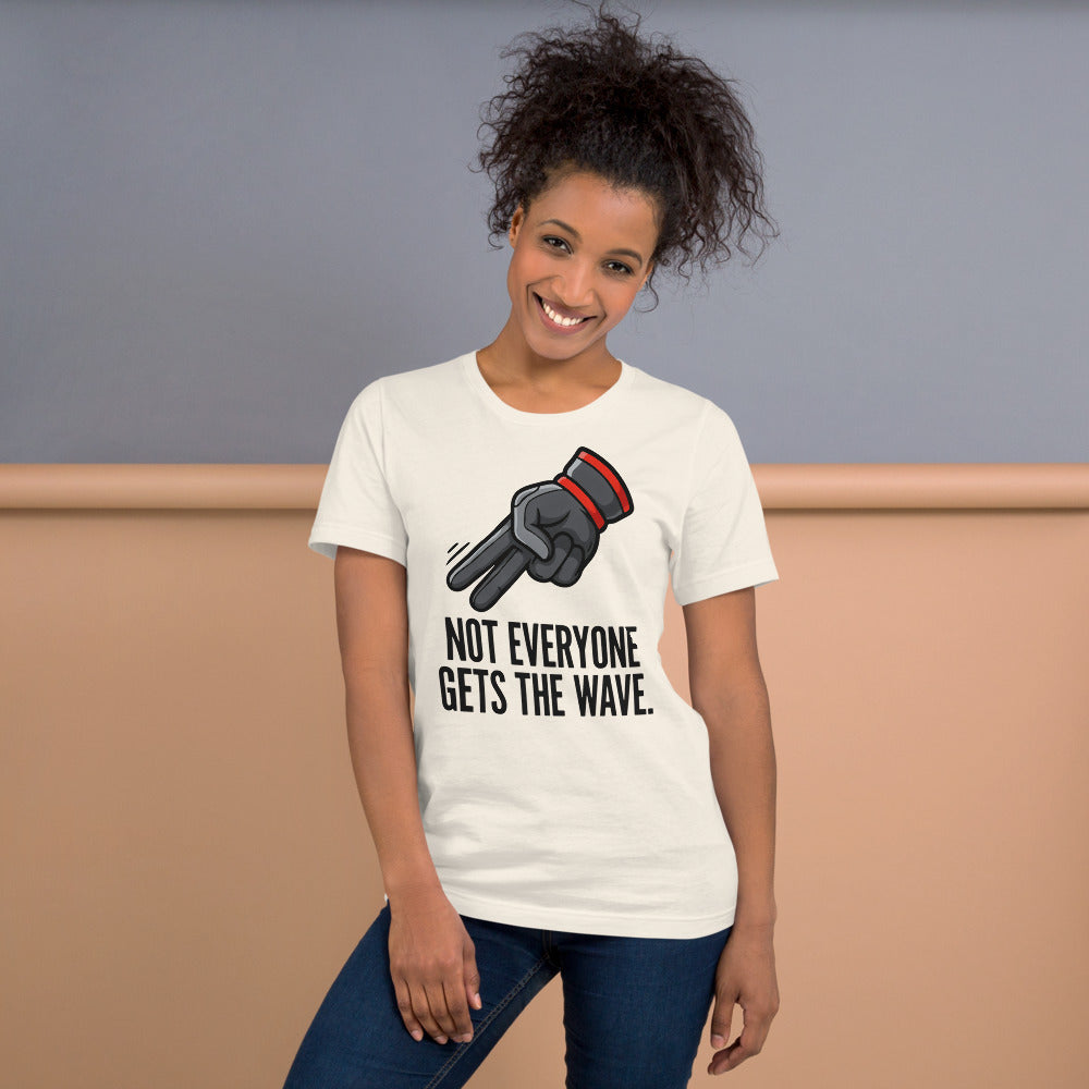 Not Everyone Gets The Wave biker wave motorcycle tee — Vintage White, on model