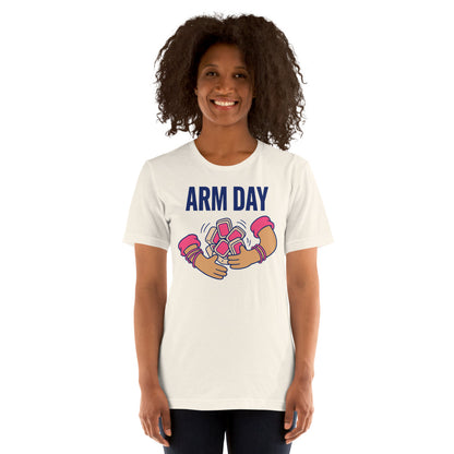 Arm Day funny mahjong tee — Vintage White, on model