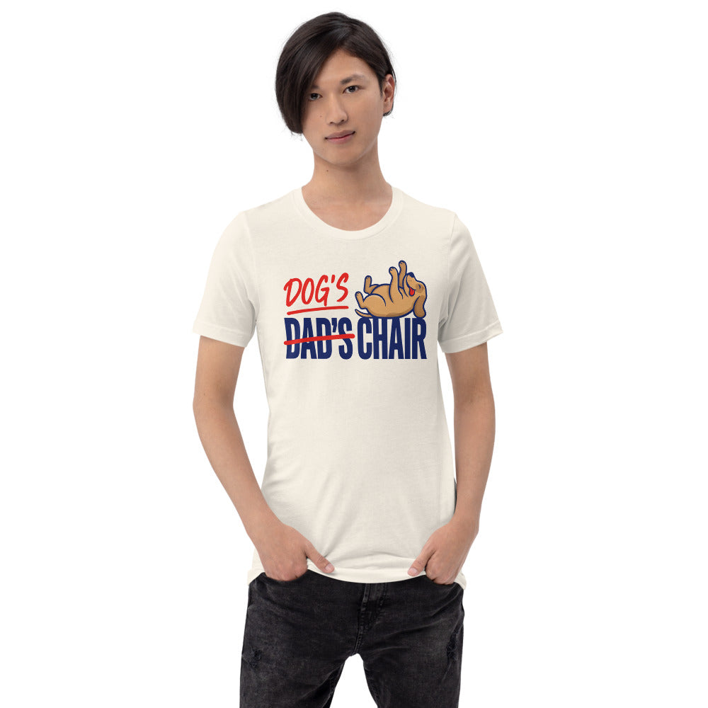 Dog's Chair funny dog dad tee — Vintage White, on model