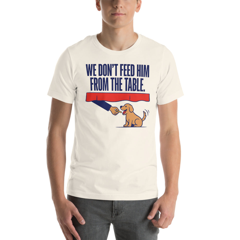 From The Table funny dog dad tee — Vintage White, on model