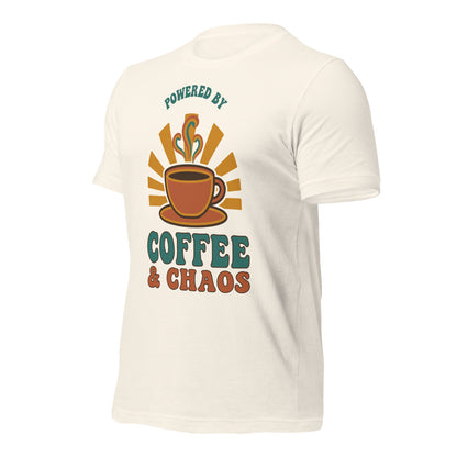 Powered By Coffee And Chaos retro groovy teacher tee — Vintage White, front right angle
