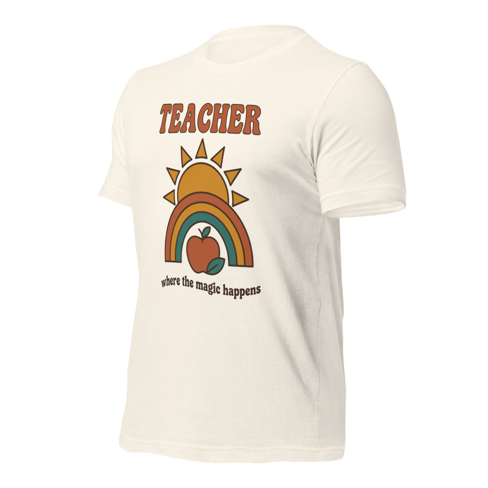 Teacher Where The Magic Happens retro groovy teacher tee — Vintage White, front angle