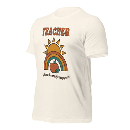 Teacher Where The Magic Happens retro groovy teacher tee — Vintage White, front angle