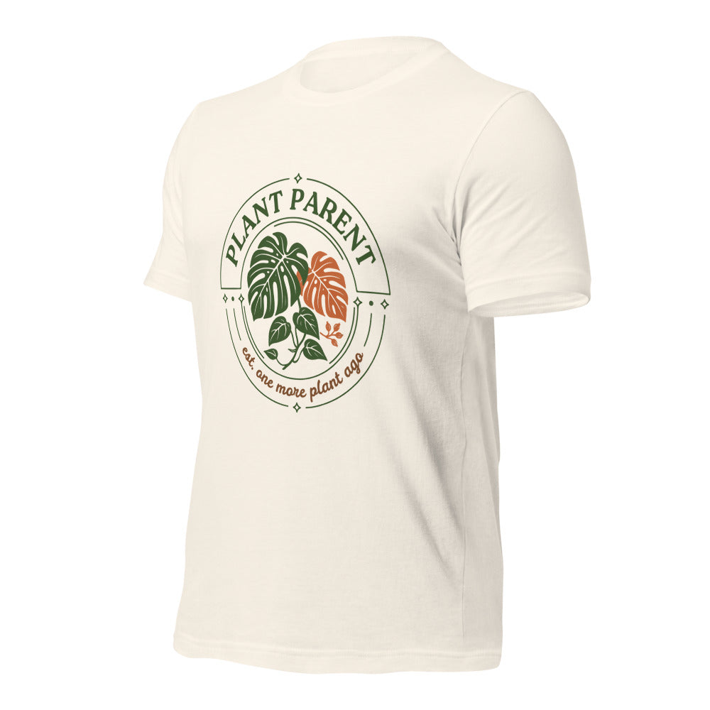 Plant Parent retro botanical badge tee — Vintage White, front right
