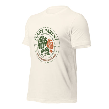 Plant Parent retro botanical badge tee — Vintage White, front right