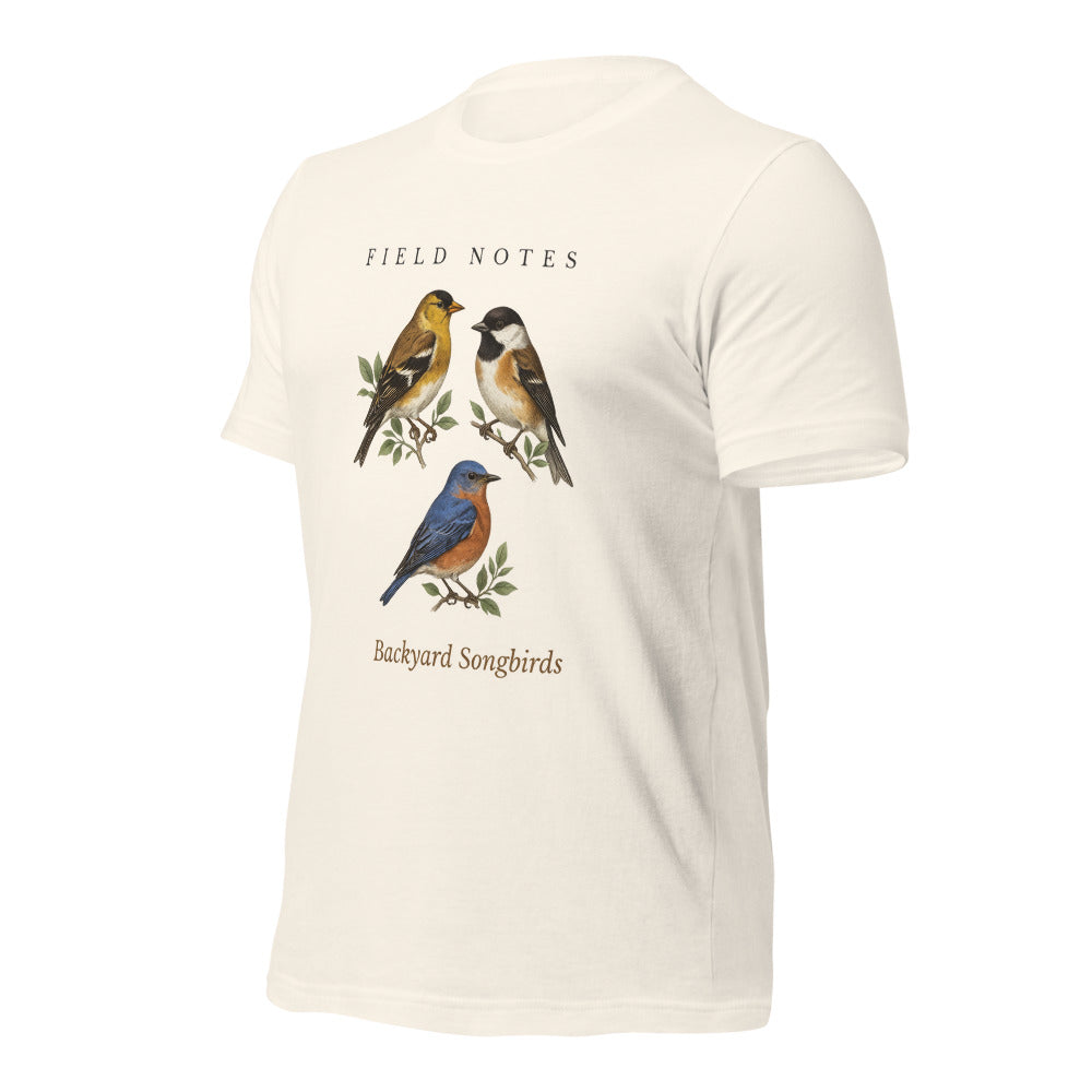 Backyard Songbirds vintage field-guide tee — Vintage White, front-right