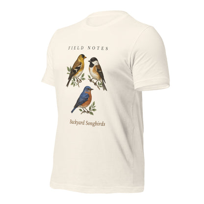 Backyard Songbirds vintage field-guide tee — Vintage White, front-right