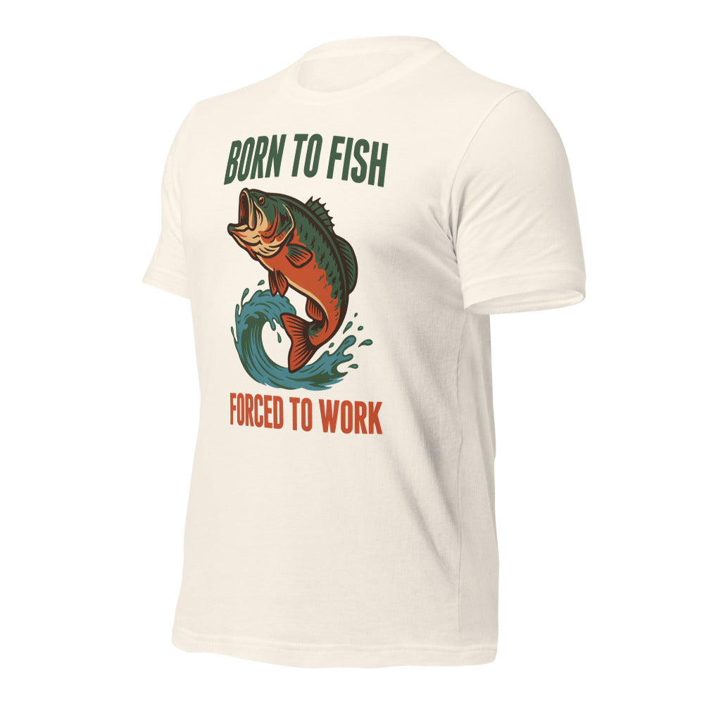 Born to Fish Forced to Work retro fishing humor tee — Vintage White, front-right