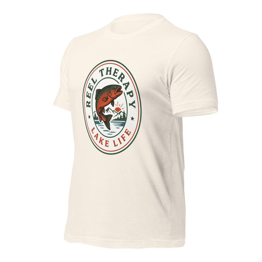Reel Therapy retro national-park trout badge fishing tee — Vintage White, front-right