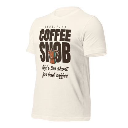 Certified Coffee Snob coffee tee — Vintage White, front-right