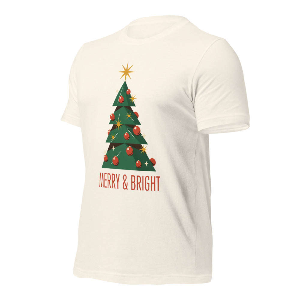 Atomic mid-century retro Christmas tree tee — Vintage White, front-right