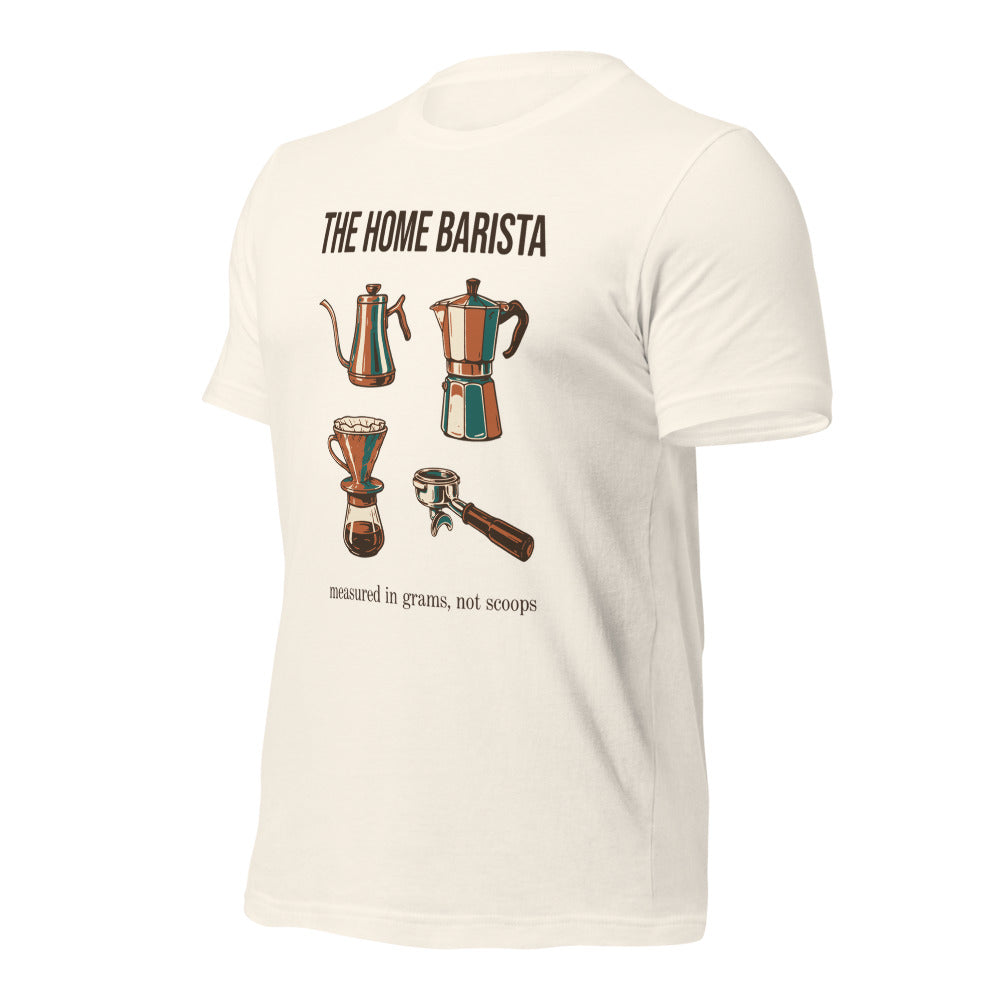 The Home Barista specialty coffee tee — Vintage White, front-right