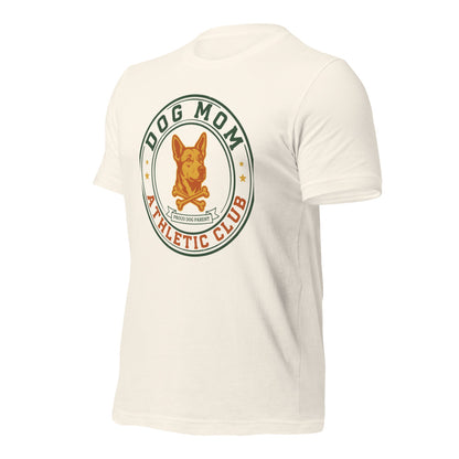 Dog Mom Athletic Club vintage varsity crest tee — Vintage White, front-right