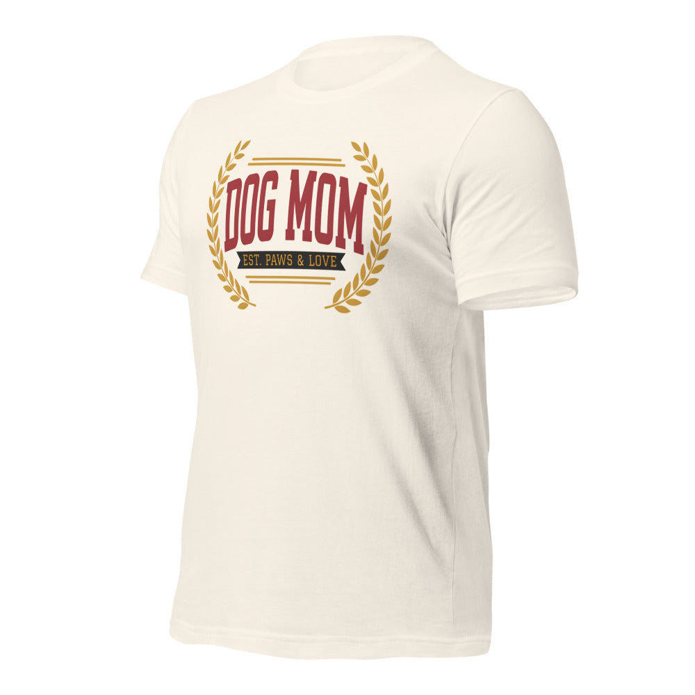 Dog Mom vintage varsity wordmark tee — Vintage White, front-right