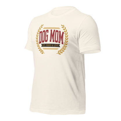 Dog Mom vintage varsity wordmark tee — Vintage White, front-right