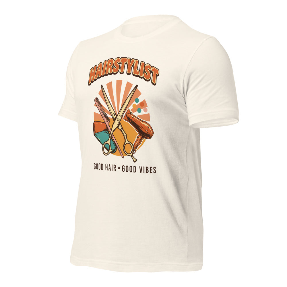Retro Salon Hairstylist good hair good vibes tee — Vintage White, front-right