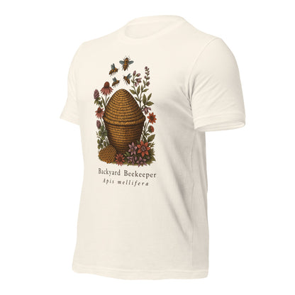 Backyard Beekeeper field-guide bee tee — Vintage White, front-right
