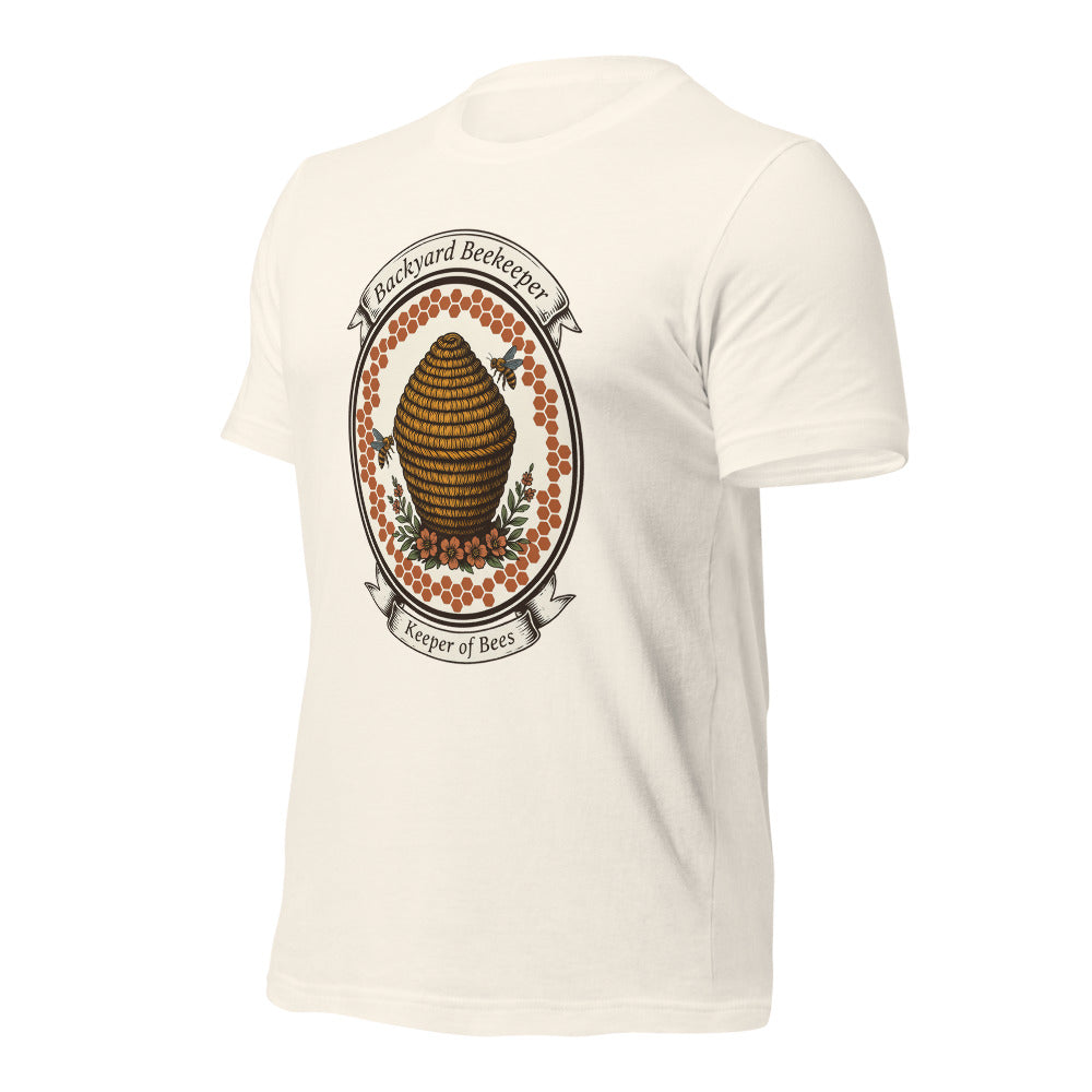 Backyard Beekeeper Keeper of Bees vintage apiary crest tee — Vintage White, front-right