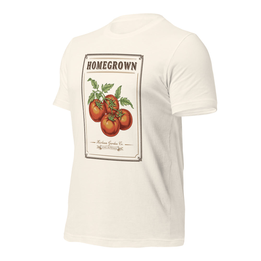 Homegrown Heirloom Seed Packet gardening tee — Vintage White, front-right