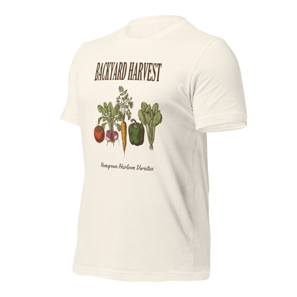 Backyard Harvest heirloom vegetable gardening tee — Vintage White, front-right