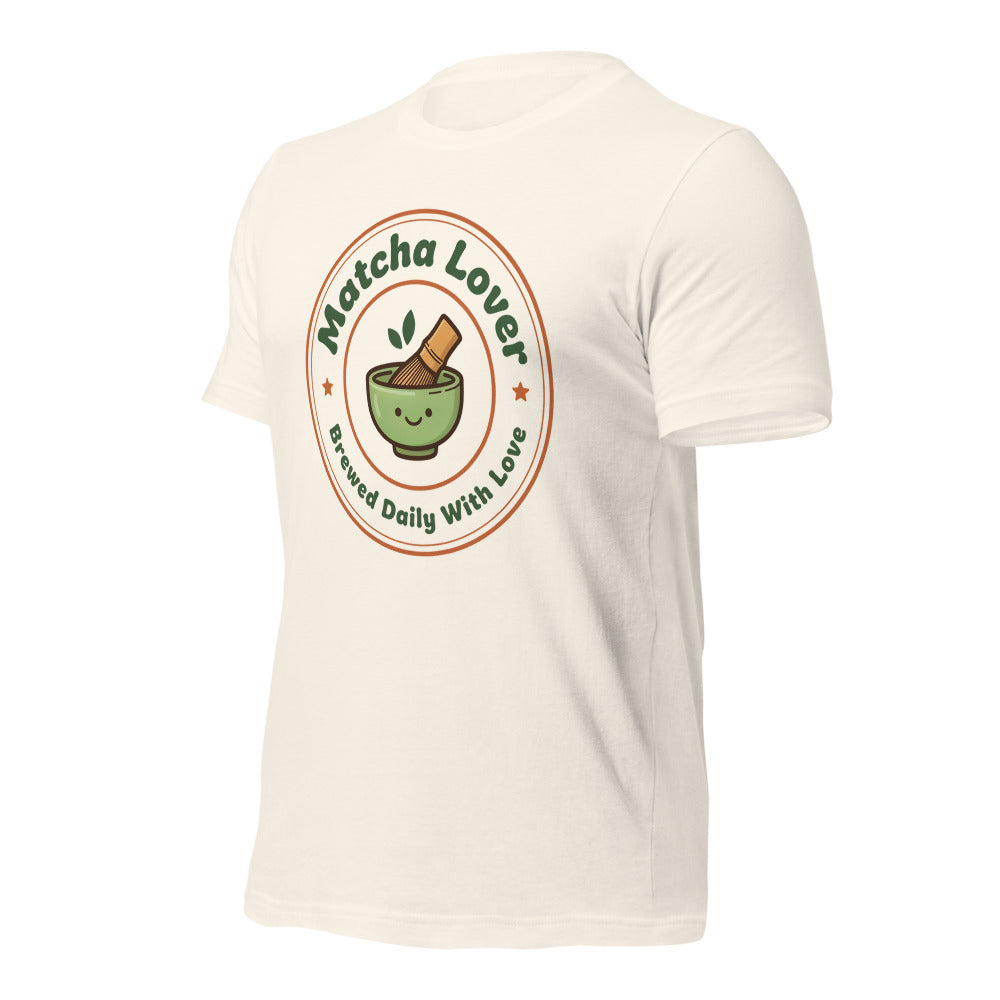 Matcha Lover retro café badge tee — Vintage White, front-right
