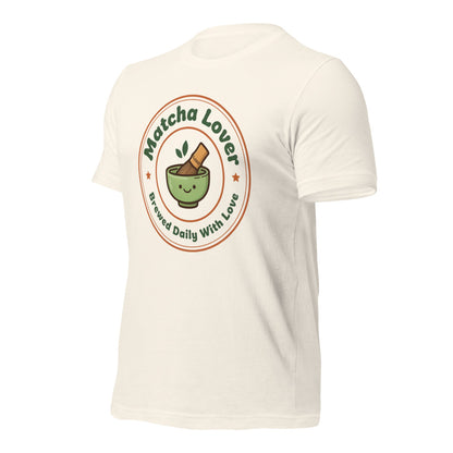 Matcha Lover retro café badge tee — Vintage White, front-right