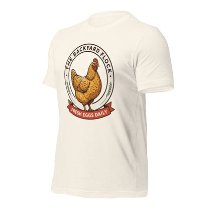 Backyard Flock heritage chicken keeper tee — Vintage White, front-right