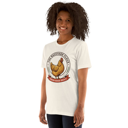 Backyard Flock heritage chicken keeper tee — Vintage White, on model
