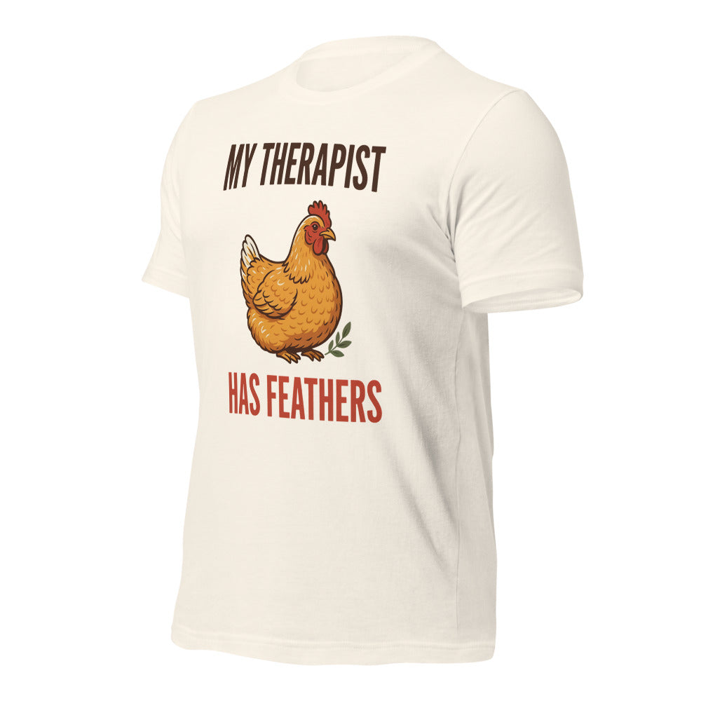 My Therapist Has Feathers funny chicken keeper tee — Vintage White, front-right