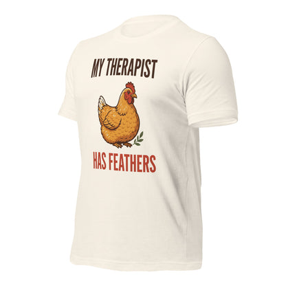 My Therapist Has Feathers funny chicken keeper tee — Vintage White, front-right