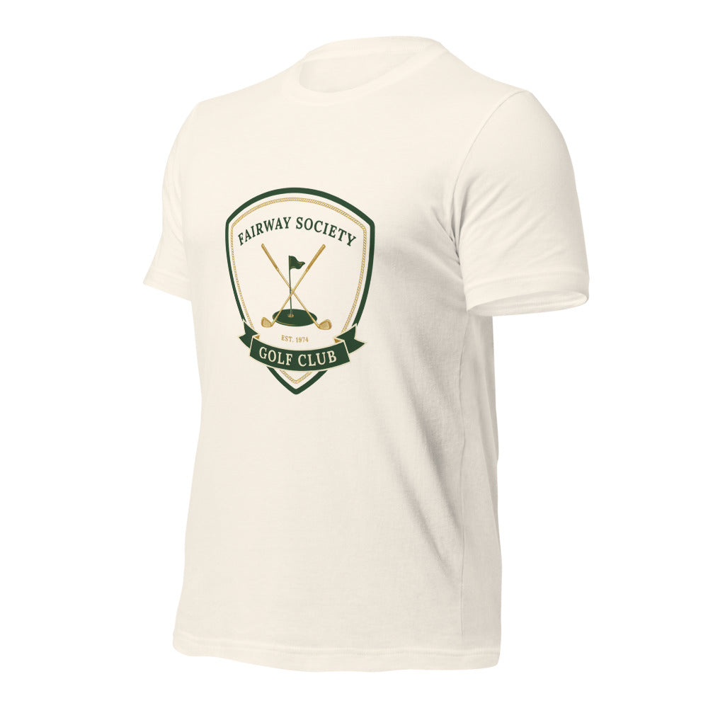 Fairway Society vintage golf club crest tee — Vintage White, front-right