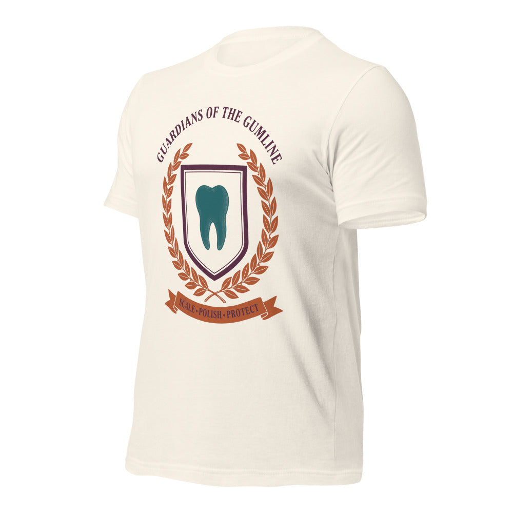 Guardians of the Gumline dental hygienist tee — Vintage White, front-right