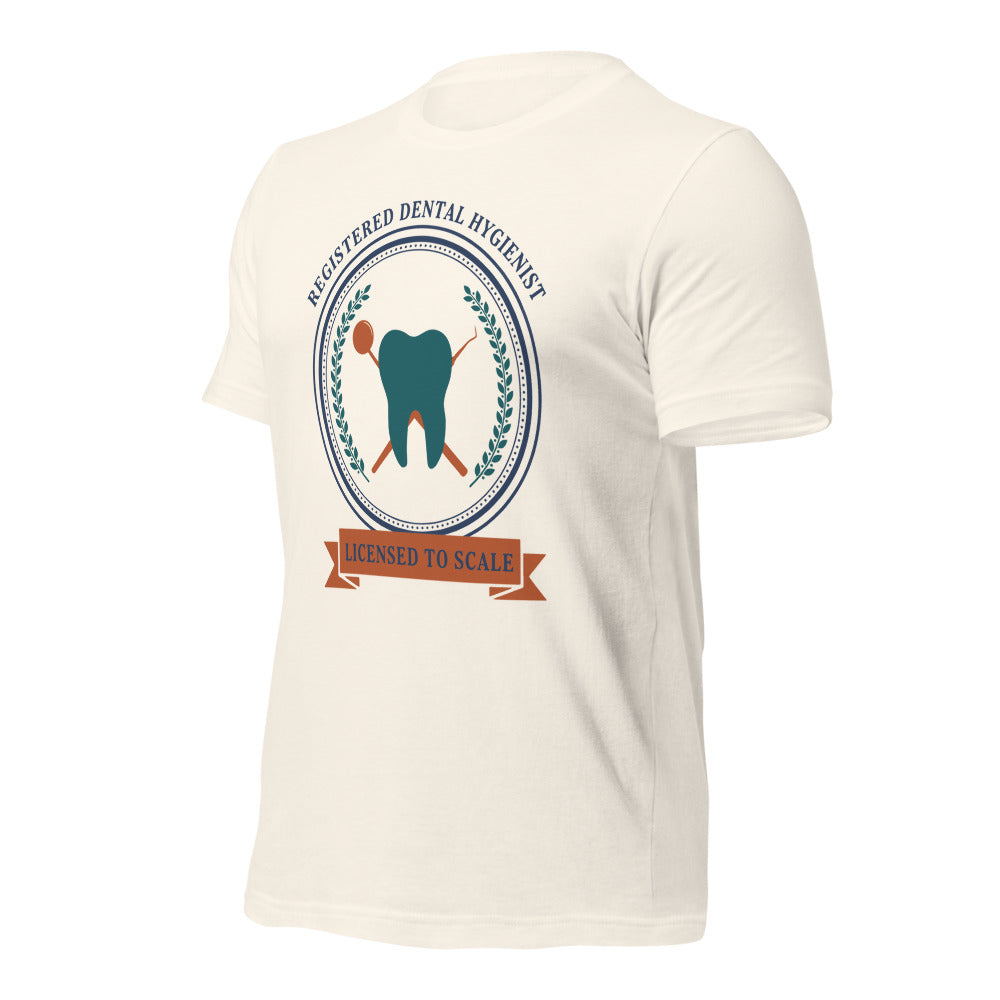 Licensed to Scale registered dental hygienist tee — Vintage White, front-right