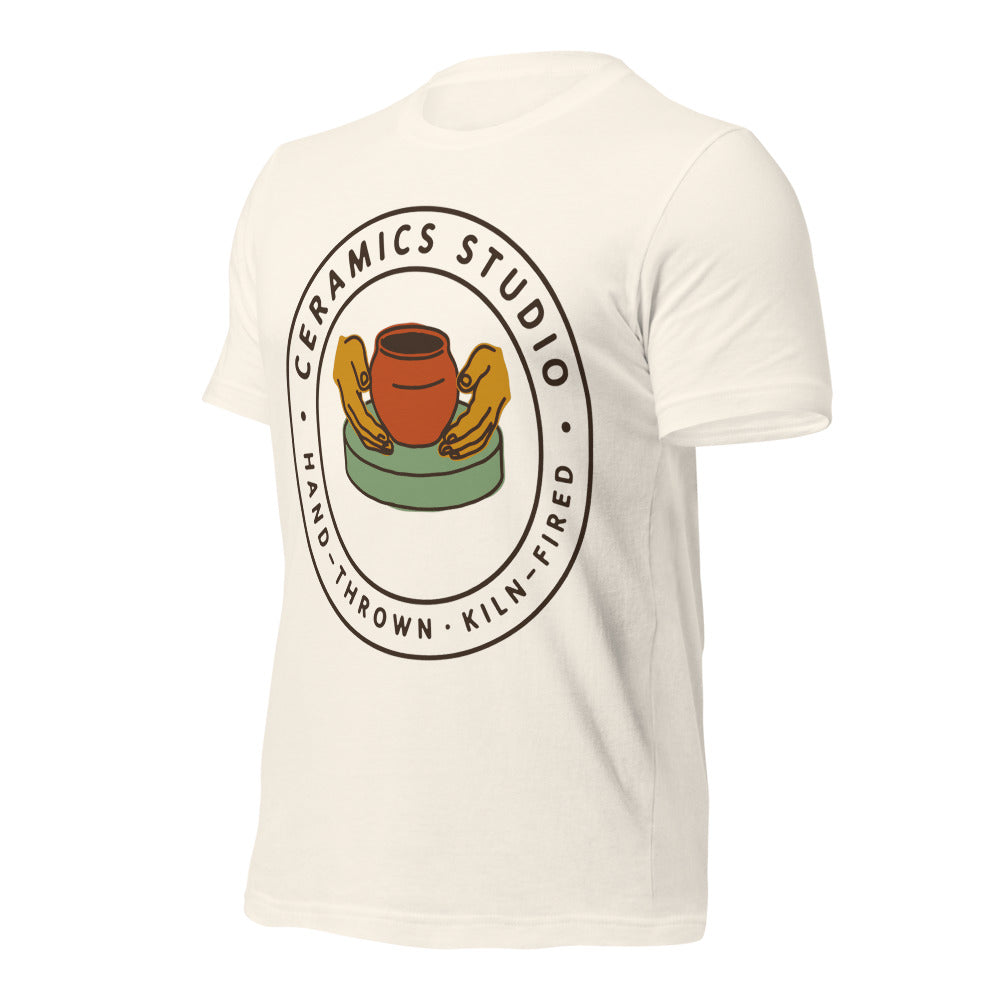 Ceramics Studio Badge hand-thrown pottery t-shirt — Vintage White, front-right