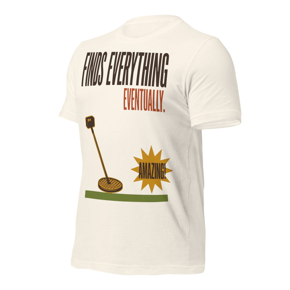 Finds Everything Eventually retro metal detecting tee — Vintage White, front-right