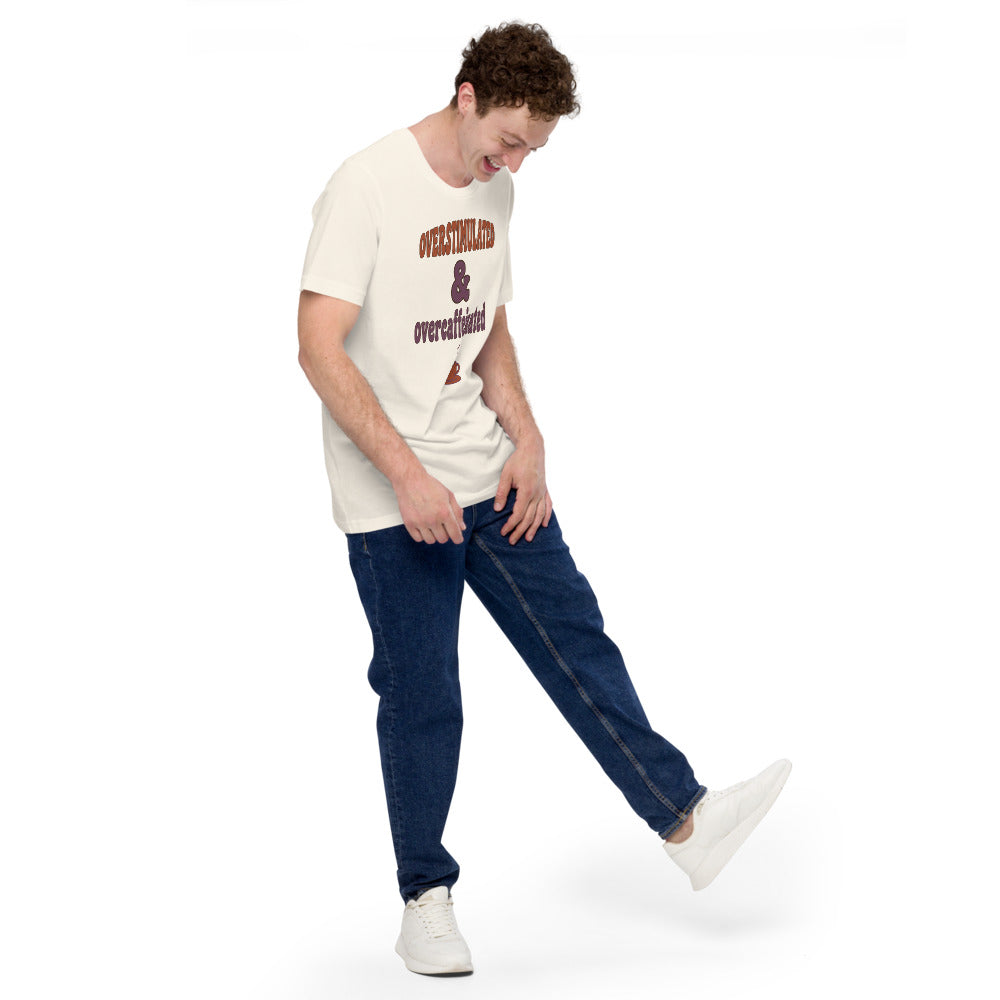 Overstimulated & Overcaffeinated soft retro coffee mental health tee — Vintage White, on model