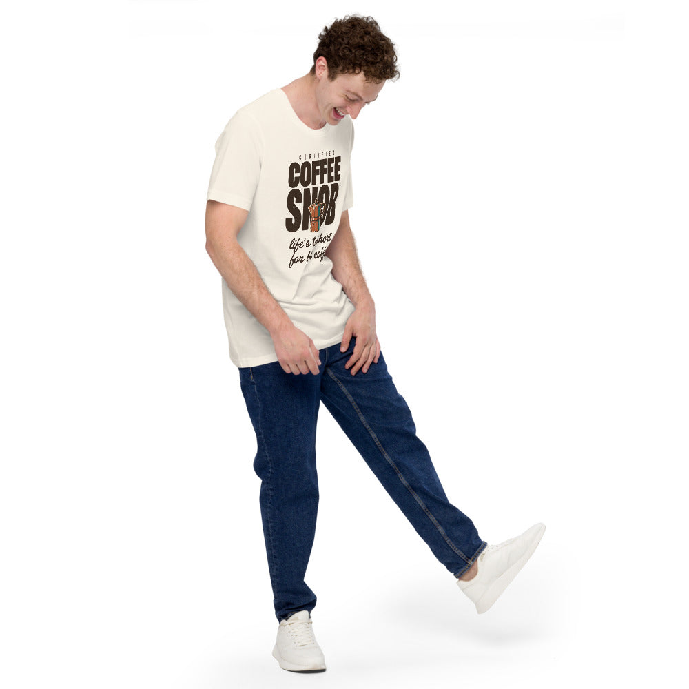 Certified Coffee Snob coffee tee — Vintage White, on model
