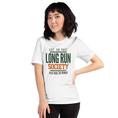 Long Run Society retro running tee — White, on model
