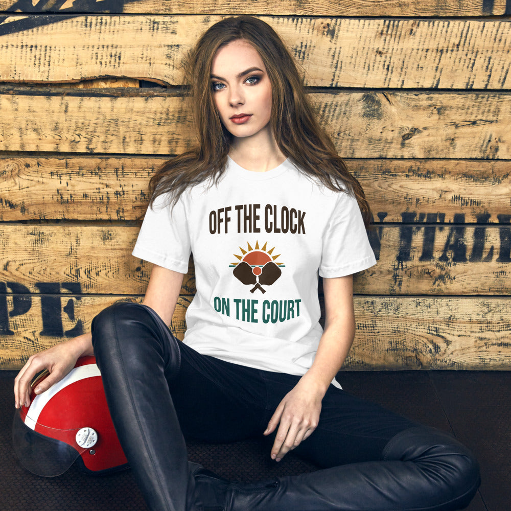 model wearing Off The Clock On The Court retro pickleball tee — White