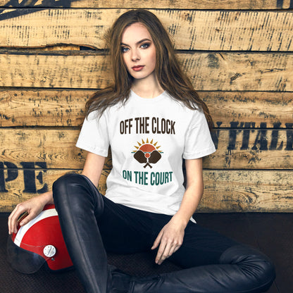 model wearing Off The Clock On The Court retro pickleball tee — White