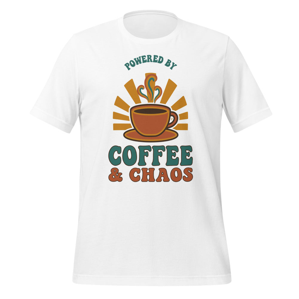 Powered By Coffee And Chaos retro groovy teacher tee — White, front