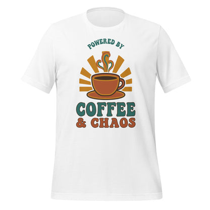 Powered By Coffee And Chaos retro groovy teacher tee — White, front
