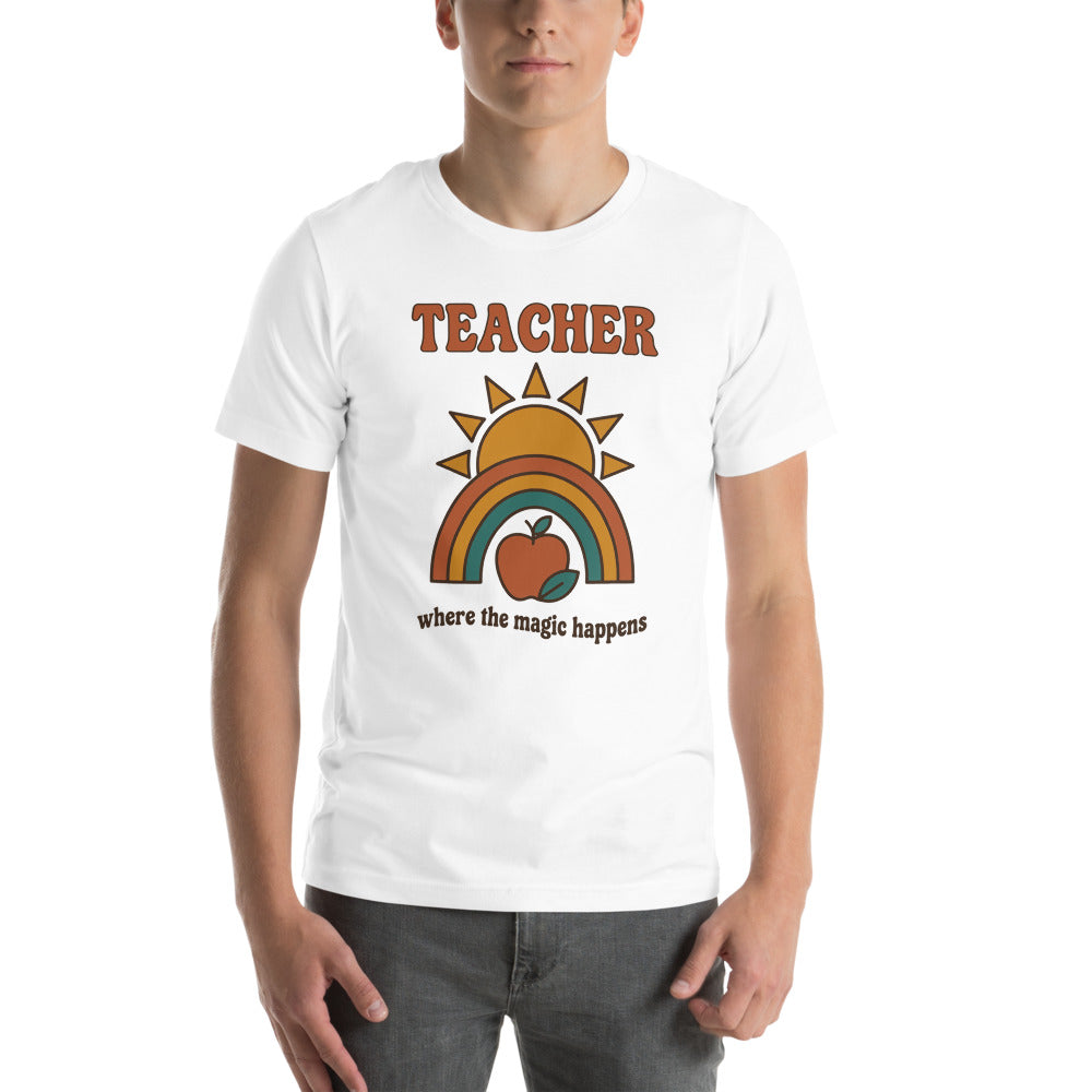 Teacher Where The Magic Happens retro groovy teacher tee — White, on model