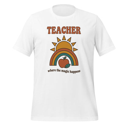 Teacher Where The Magic Happens retro groovy teacher tee — White, front