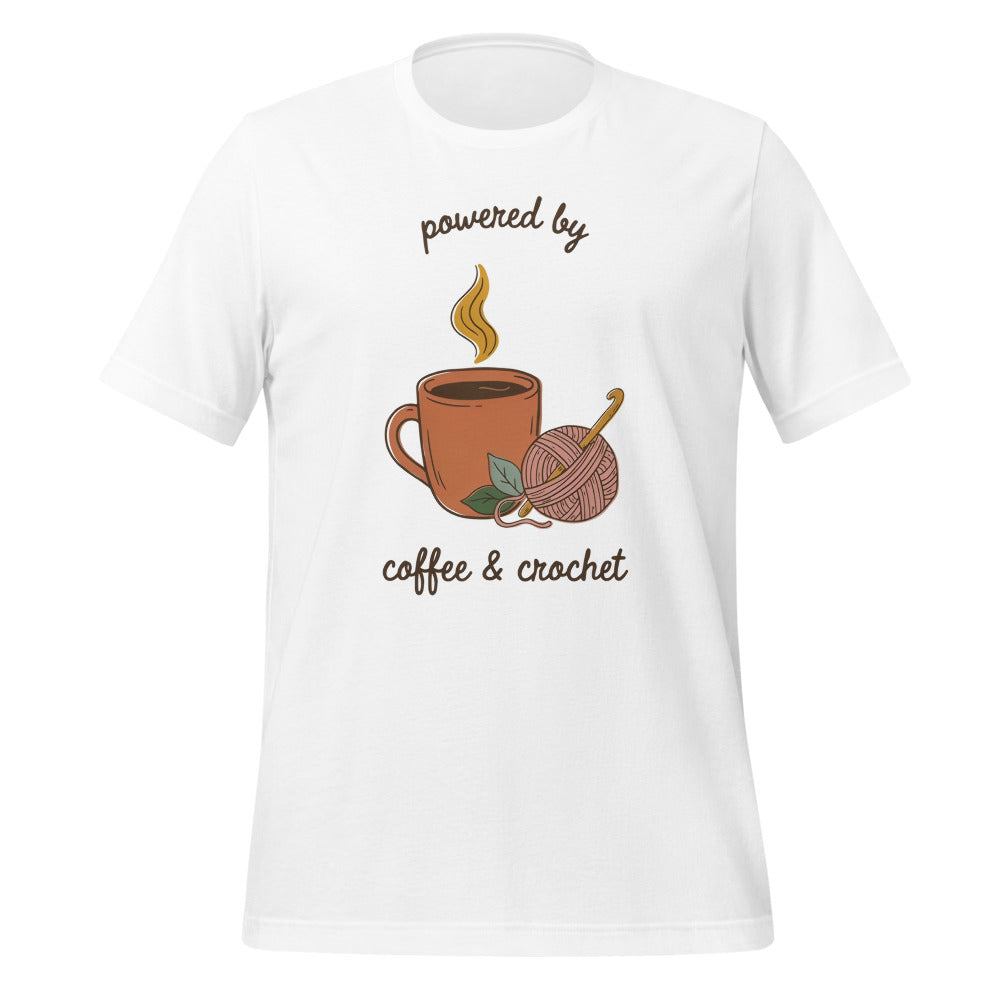 Powered by Coffee and Crochet cottagecore crochet tee — White, front